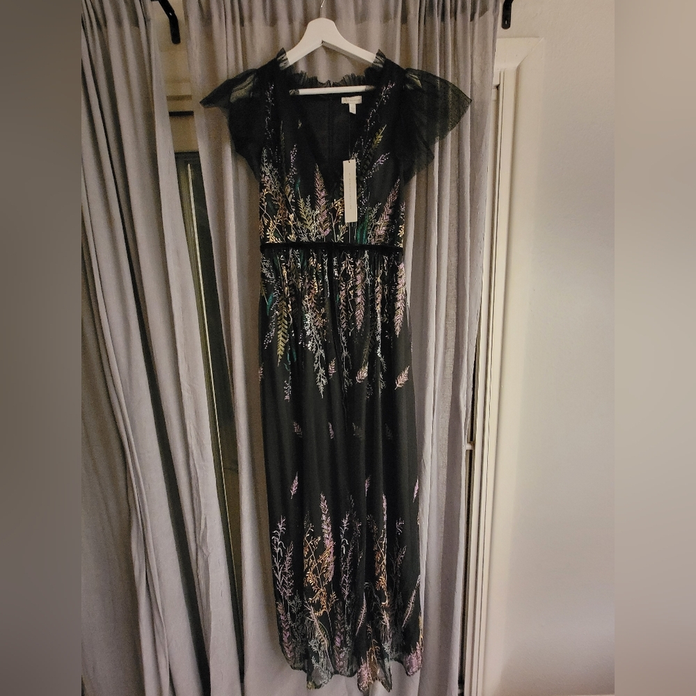 Monique Lhuillier Black and Gold Floral Maxi Dress NWT - Picture 3 of 8